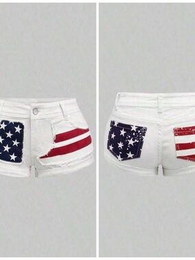 White Women's Shortie Denim Shorts with American Flag Patches